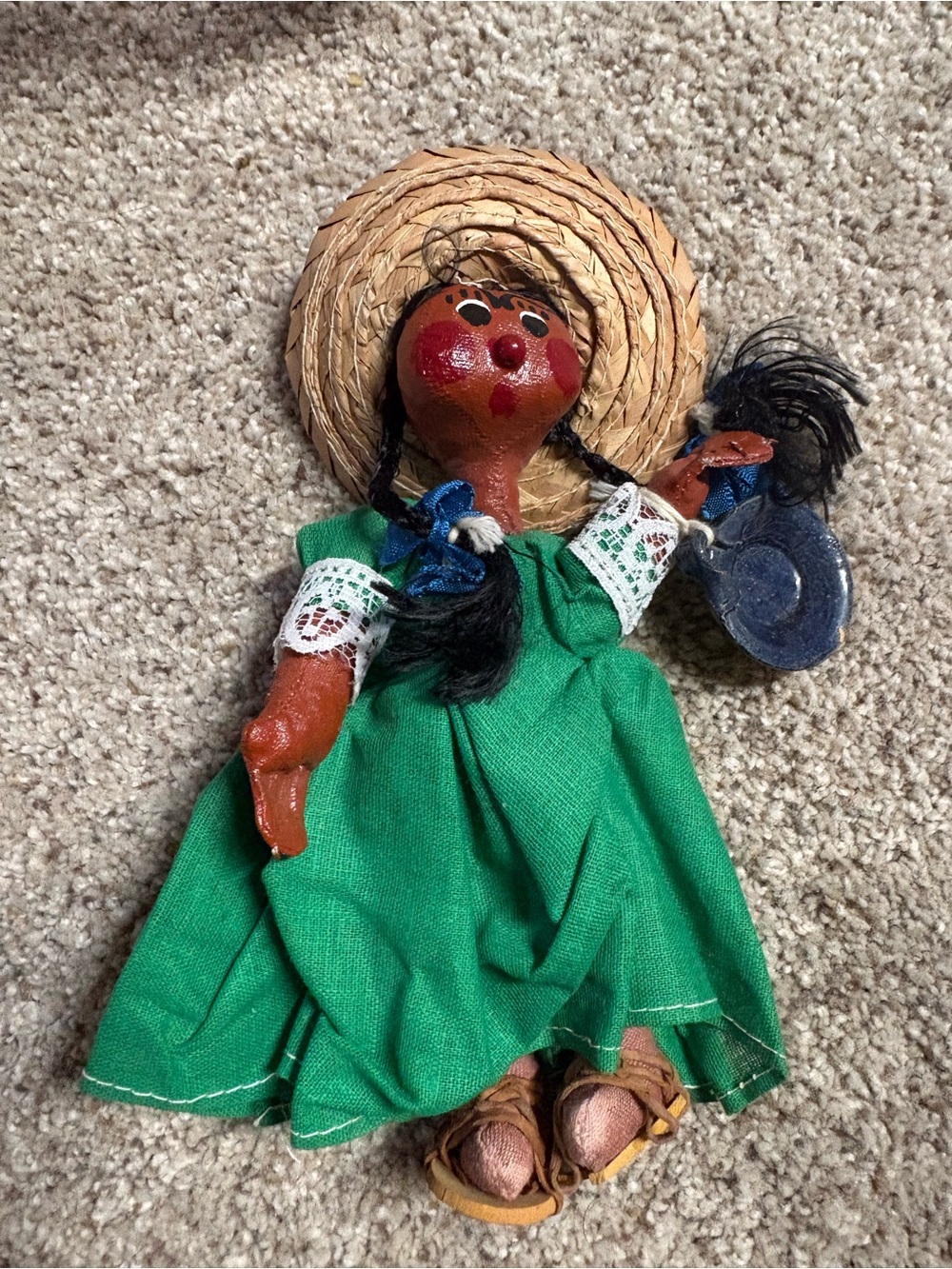 vintage Handmade Mexican folk art doll, Hand Painted, straw hat green dress